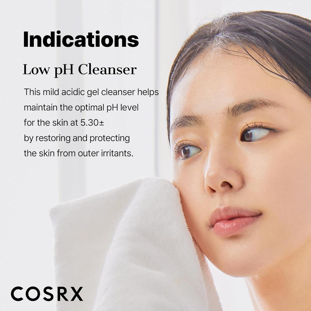A model patting her face with a towel; the mild acidic gel maintains the skin's optimal pH around 5.3