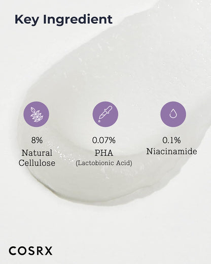 Key ingredients on a gel texture: 8% natural cellulose, 0.07% PHA lactobionic acid and 0.1% niacinamide