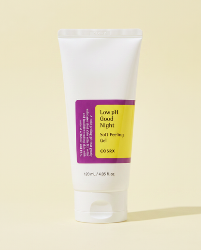 COSRX Low pH Good Night Soft Peeling Gel 120ml - white tube with a yellow label on a cream background