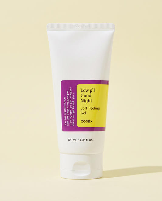 COSRX Low pH Good Night Soft Peeling Gel 120ml - white tube with a yellow label on a cream background
