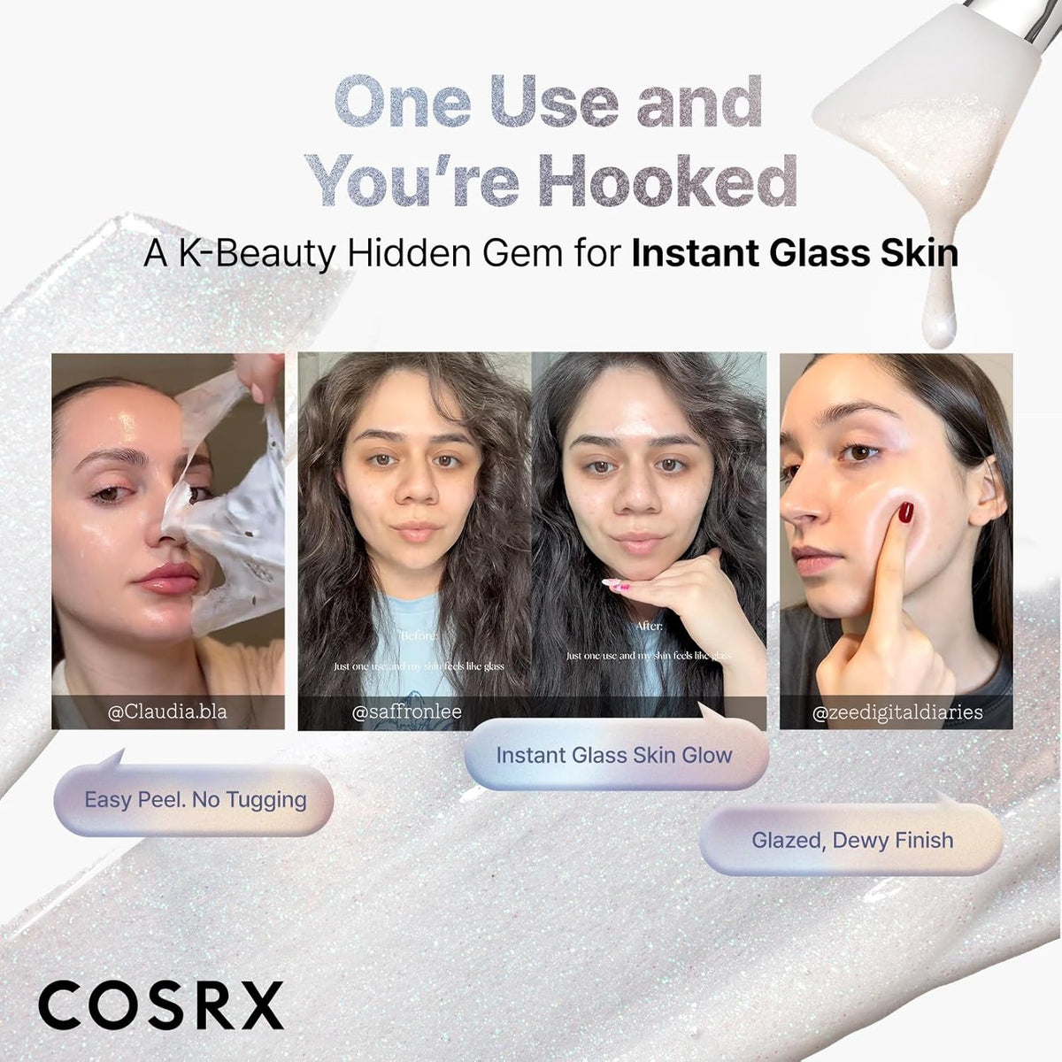 One use and you're hooked: four creator photos peeling off the PDRN Exosome Glaze Mask, a K-beauty gem for instant glass skin