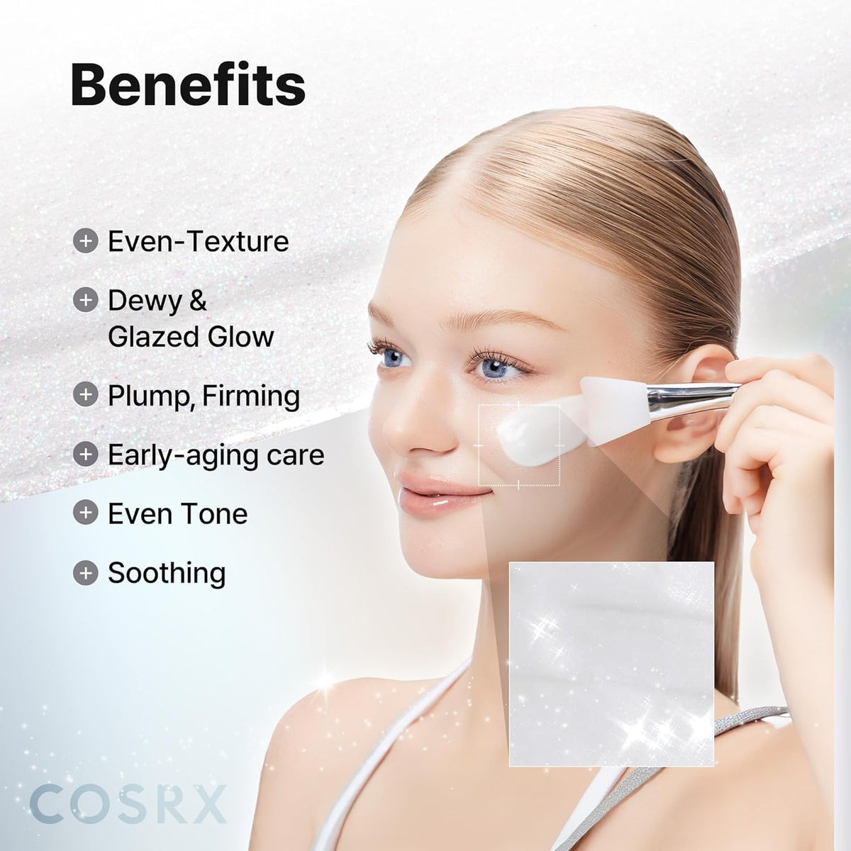 Benefits beside a model applying the mask with a brush: even texture, dewy glazed glow, plump and firming, early-ageing care, even tone, soothing