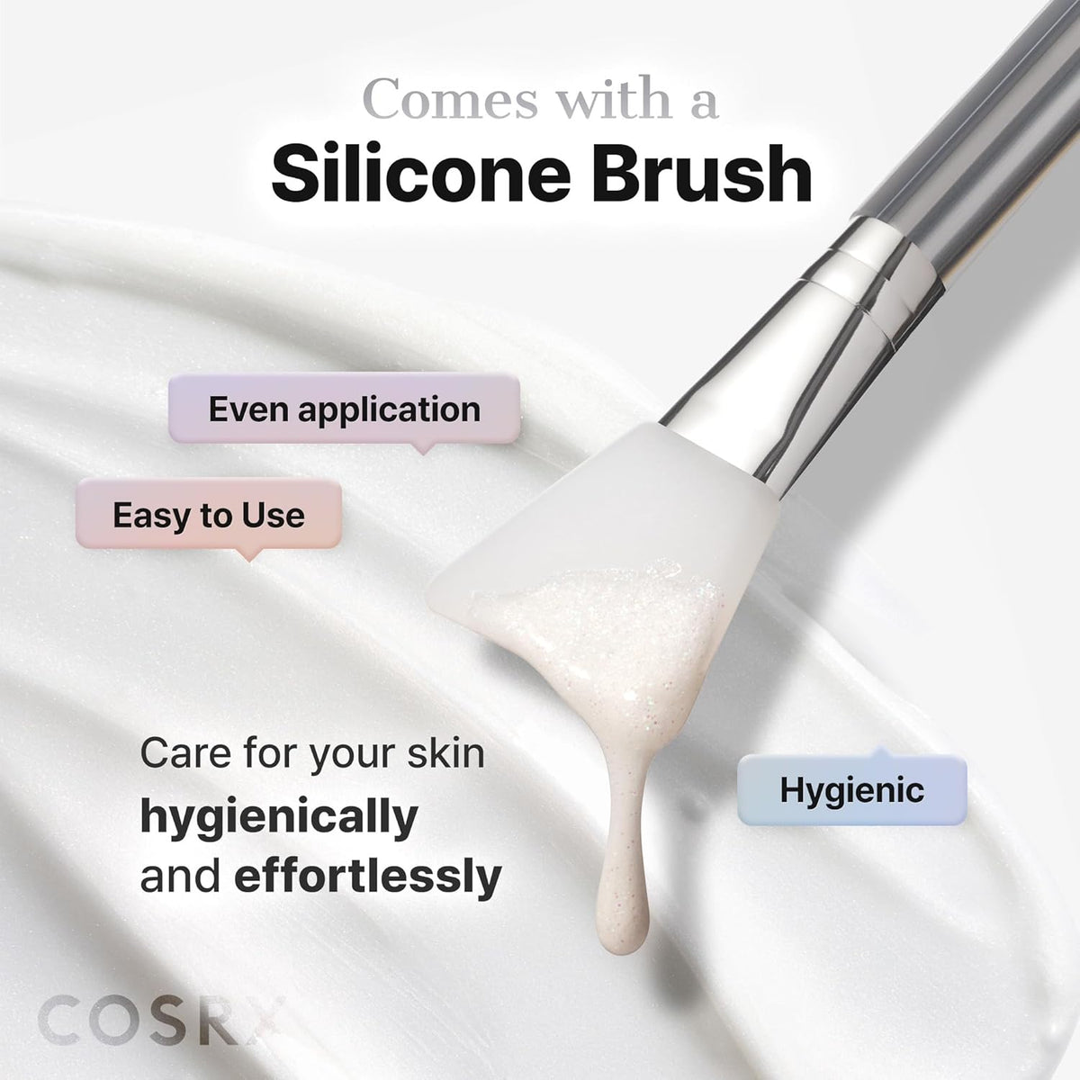 Comes with a silicone brush, shown with a swipe of the pearly mask: even application, easy to use, hygienic
