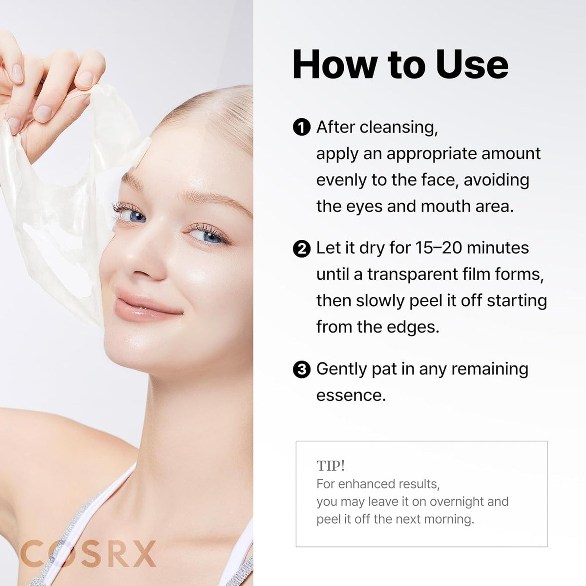 How to use beside a model peeling the mask: apply after cleansing avoiding eyes and mouth, dry 15 to 20 minutes, peel from the edges, pat in the essence