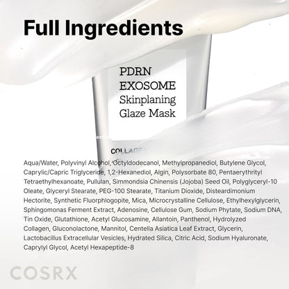 Full ingredients list beneath the PDRN Exosome Skinplaning Glaze Mask tube