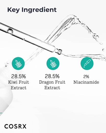 Key ingredients with a dropper and a stream of water: 28.5% kiwi fruit extract, 28.5% dragon fruit extract and 2% niacinamide