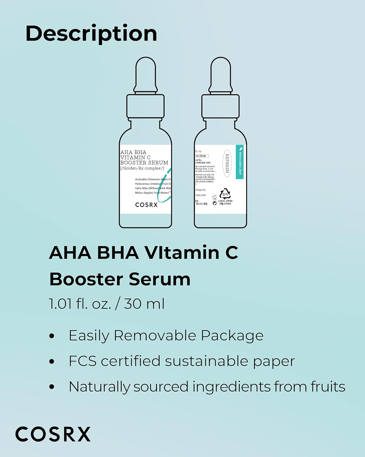 Description: AHA BHA Vitamin C Booster Serum, 30 ml, easily removable package, FSC-certified paper, fruit-sourced ingredients