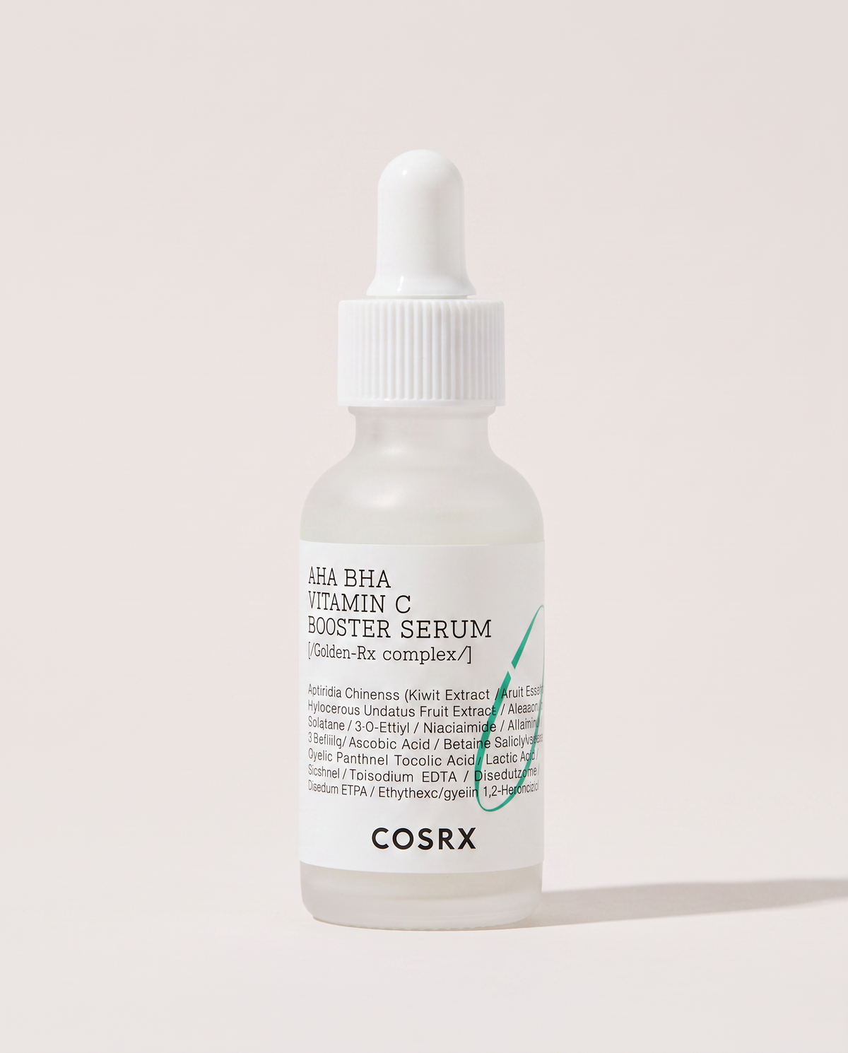 COSRX Refresh AHA BHA Vitamin C Booster Serum 30ml - frosted dropper bottle on a pale lilac background