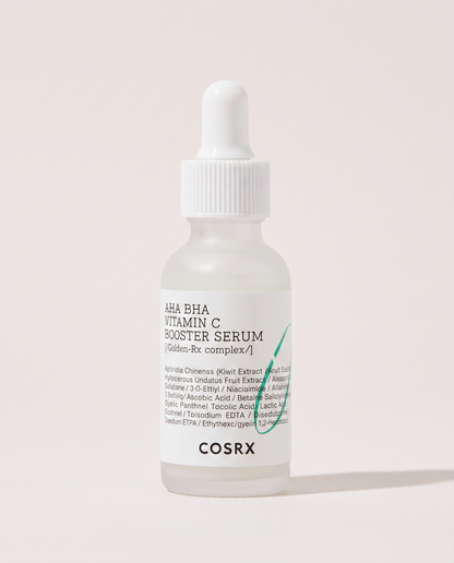 COSRX Refresh AHA BHA Vitamin C Booster Serum 30ml - frosted dropper bottle on a pale lilac background
