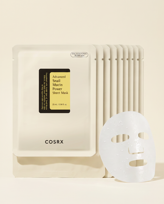 COSRX Snail Mucin Sheet Mask 10 Pack - sachets fanned out with an unfolded sheet mask