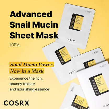 Advanced Snail Mucin Sheet Mask, ten sachets fanned out: snail mucin power now in a mask with a rich, bouncy nourishing essence