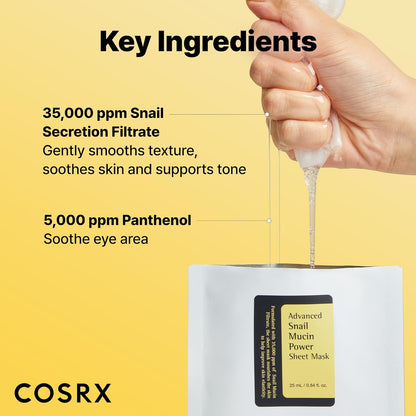 Key ingredients with essence pouring from a sachet: 35,000 ppm snail secretion filtrate and 5,000 ppm panthenol