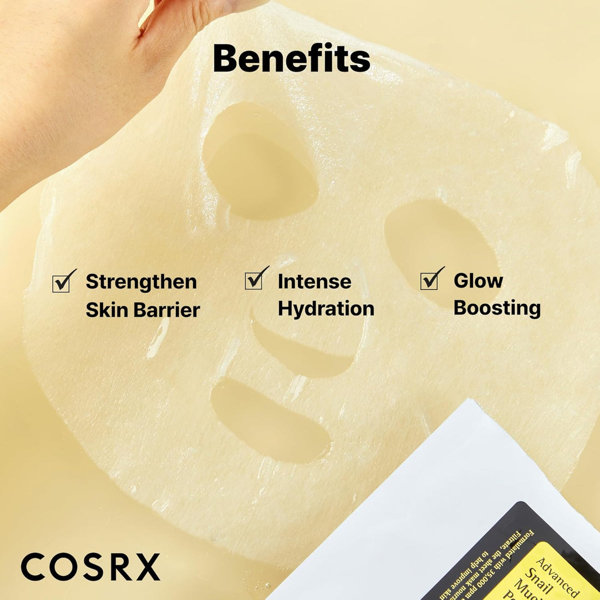 Benefits on the translucent mask sheet: strengthens the skin barrier, intense hydration, glow boosting