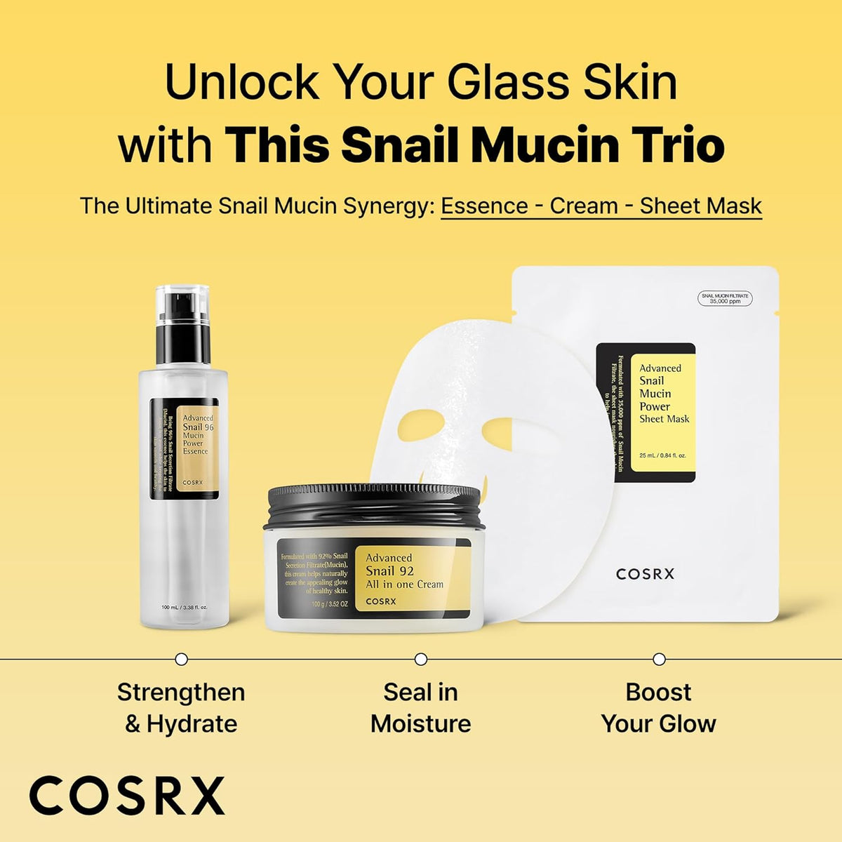 The snail mucin trio: Advanced Snail 96 essence, Advanced Snail 92 All In One Cream and the sheet mask