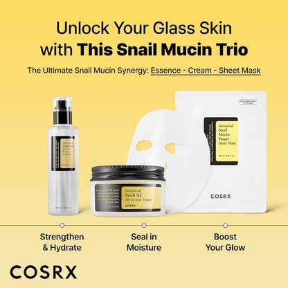 The snail mucin trio: Advanced Snail 96 essence, Advanced Snail 92 All In One Cream and the sheet mask