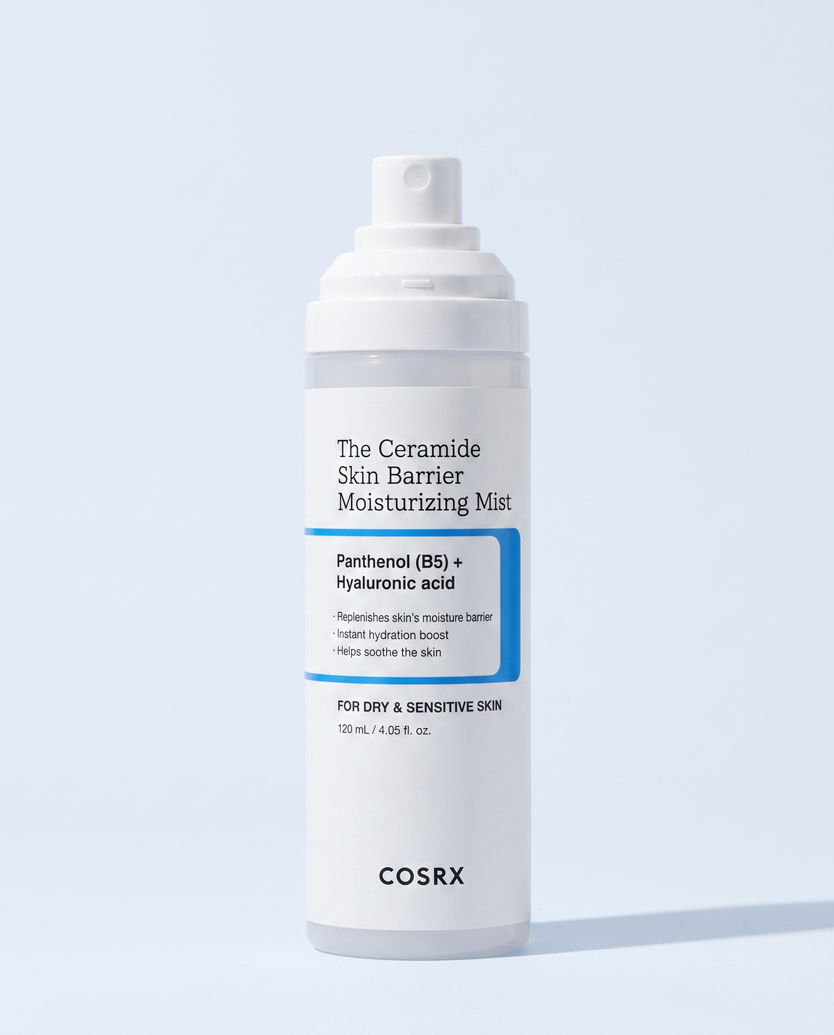COSRX The Skin Barrier Moisturising Mist 120ml - white mist bottle on a pale blue background