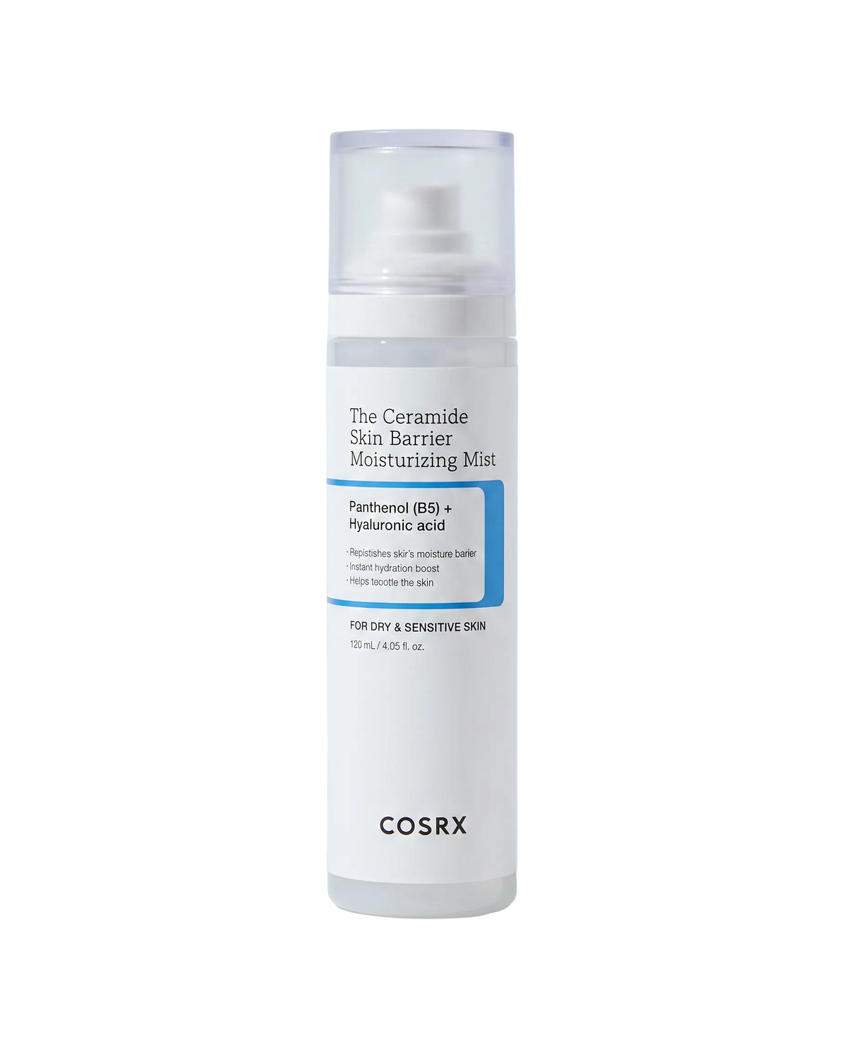COSRX The Skin Barrier Moisturising Mist 120ml - white mist bottle, front label, blue background