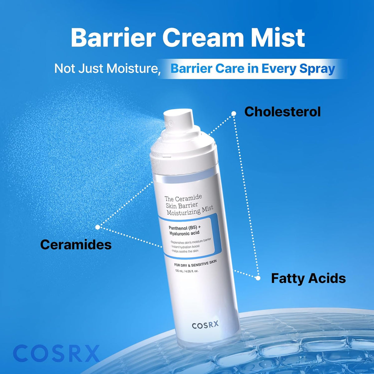Barrier cream mist, barrier care in every spray: the bottle labelled with cholesterol, ceramides and fatty acids