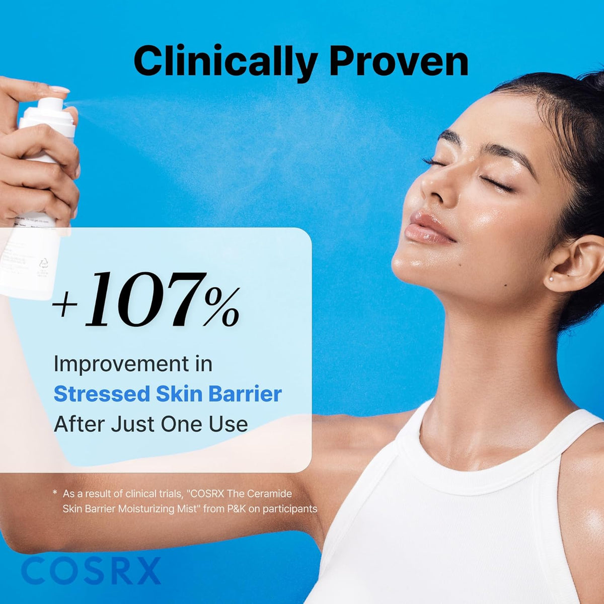 Clinically proven: a model spraying the mist, with a 107% improvement in stressed skin barrier after one use