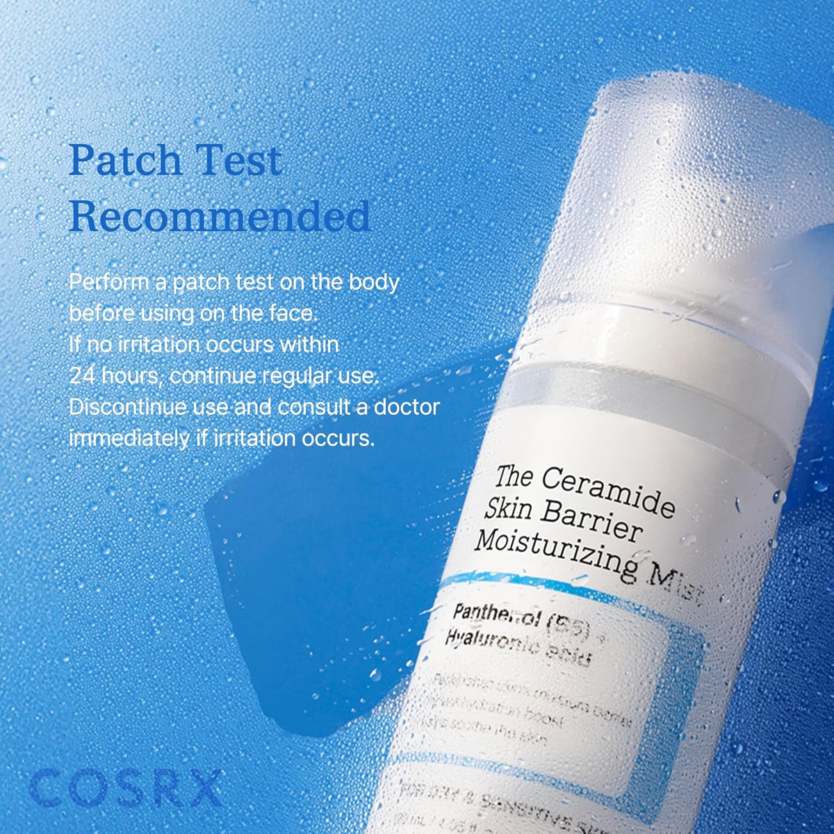 Patch test recommended: a close-up of the wet bottle with instructions to test on the body before the face