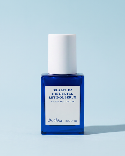 Dr.Althea 0.1% Gentle Retinol Serum 30ml - cobalt blue glass bottle on a pale blue background