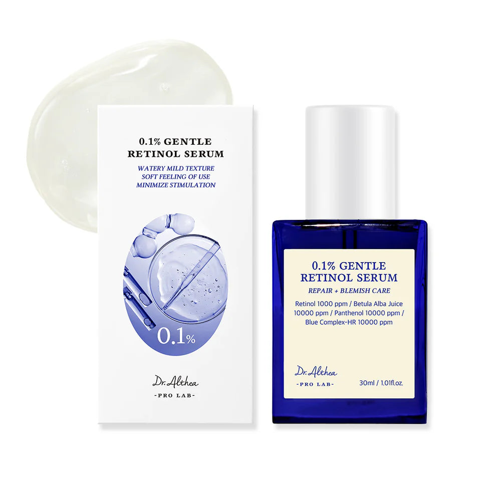 The 0.1% Gentle Retinol Serum bottle beside its outer carton, a watery mild texture for repair and blemish care