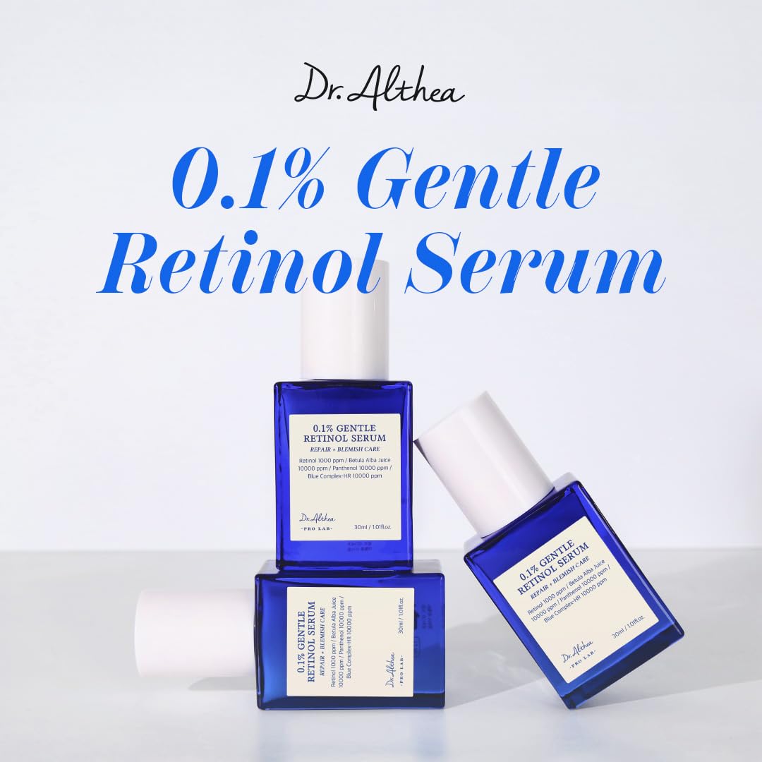 Dr.Althea 0.1% Gentle Retinol Serum 30ml - two blue bottles on blue blocks under the product name