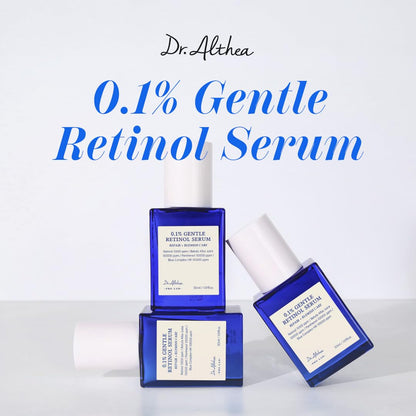 Dr.Althea 0.1% Gentle Retinol Serum 30ml - two blue bottles on blue blocks under the product name