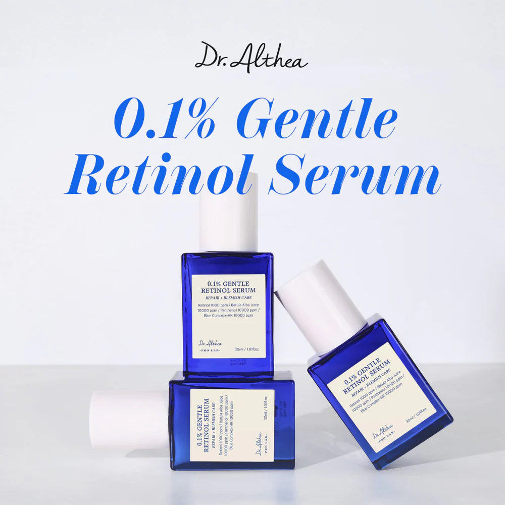 Three blue 0.1% Gentle Retinol Serum bottles stacked on a pale background