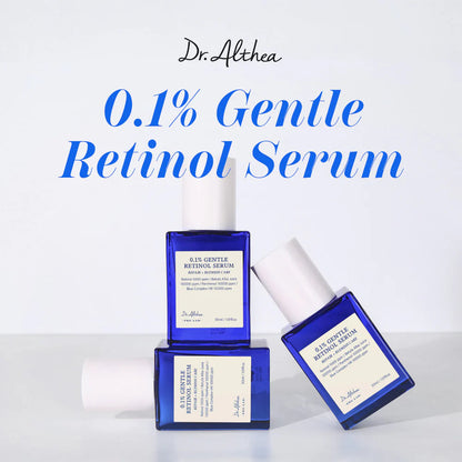 Three blue 0.1% Gentle Retinol Serum bottles stacked on a pale background
