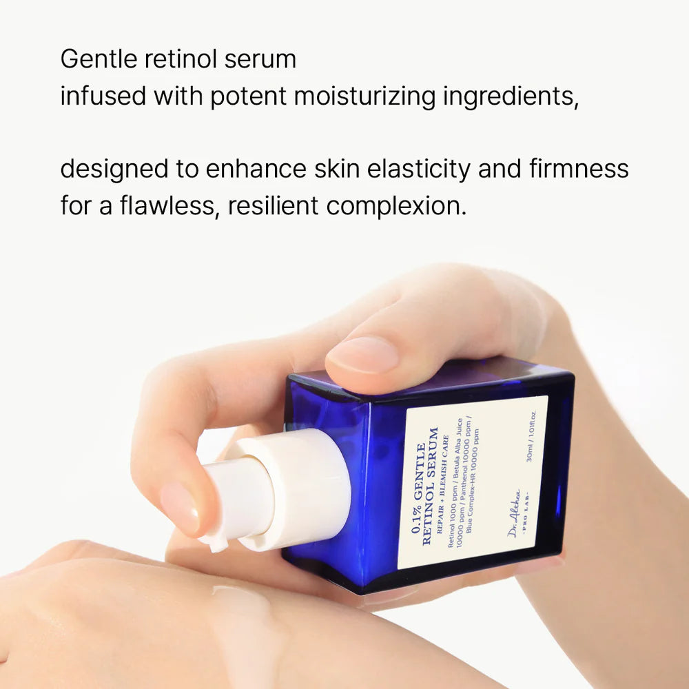 Hands pumping the serum: a gentle retinol serum with moisturising ingredients to enhance elasticity and firmness