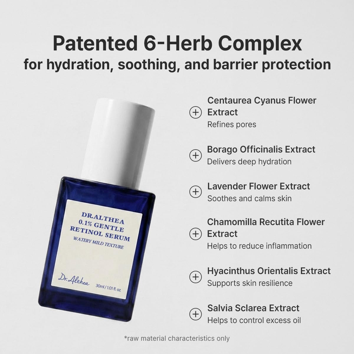 Patented six-herb complex beside the blue bottle: centaurea, borago, lavender, chamomile, hyacinth and salvia extracts for hydration, soothing and barrier protection