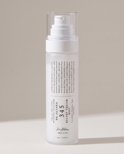 Dr.Althea 345 Relief Cream Mist 100ml - frosted pump bottle on a warm grey background