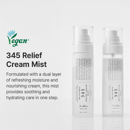 Two 345 Relief Cream Mist bottles, a vegan dual-layer mist of refreshing moisture and nourishing cream for soothing, hydrating care in one step