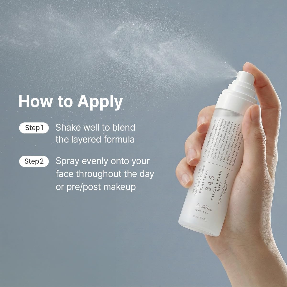 How to apply, shown with a hand spraying the bottle: shake well to blend the layers, spray evenly through the day or before and after make-up