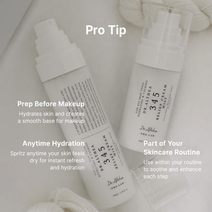 Pro tip beside two bottles on white wool: prep before make-up, anytime hydration, and use within your routine to enhance each step