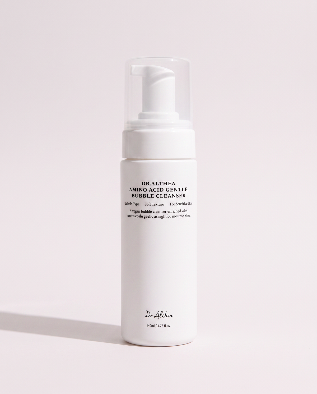 Dr.Althea Amino Acid Bubble Cleanser 140ml - white foaming pump bottle on a pale pink background
