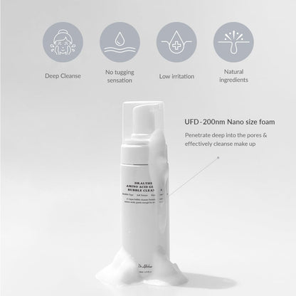 The bottle in foam with icons for deep cleanse, no tugging, low irritation and natural ingredients, and 200 nm nano-size foam