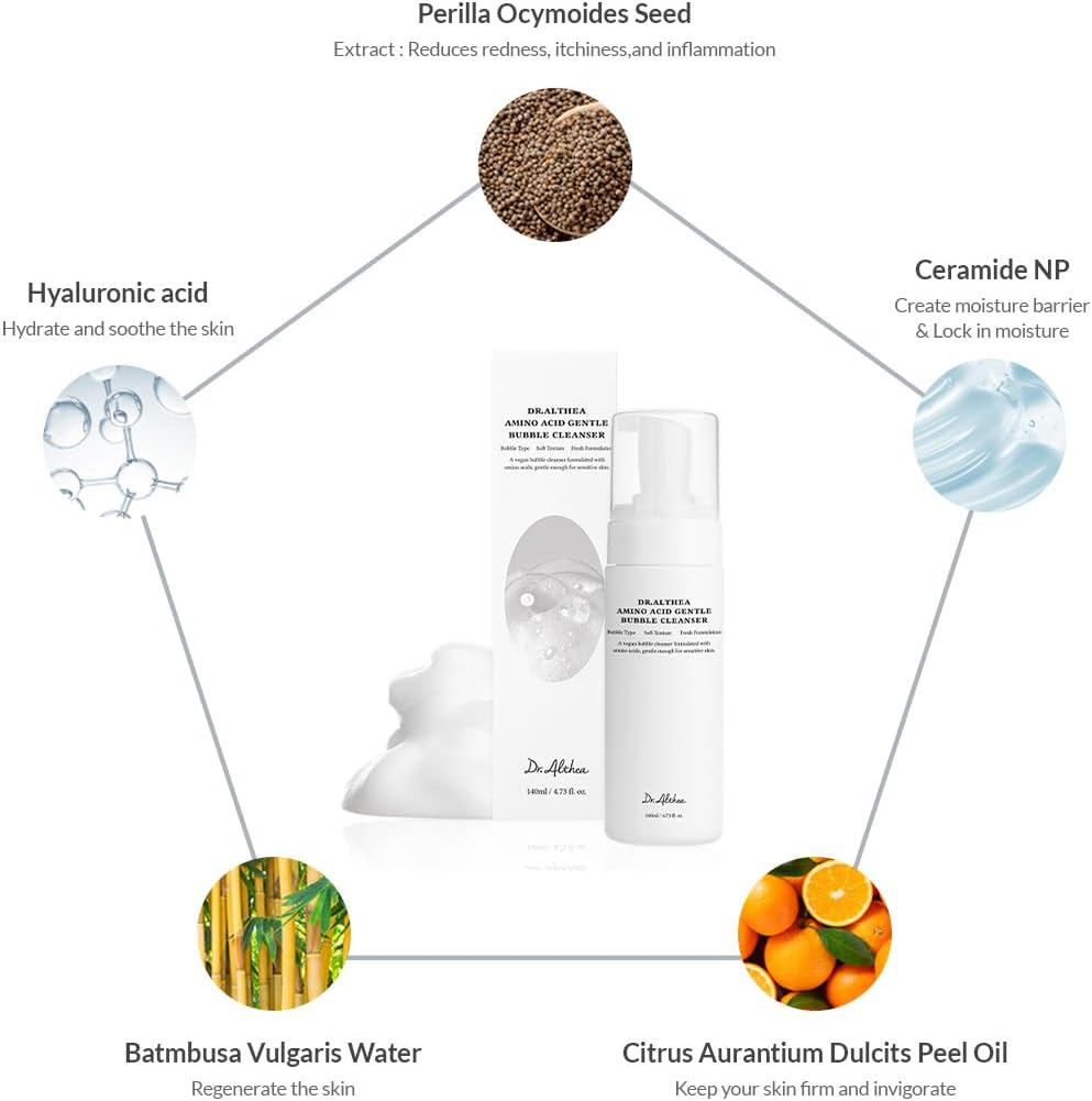 Key ingredients in a pentagon around the bottle: perilla seed extract, ceramide NP, citrus peel oil, bamboo water and hyaluronic acid