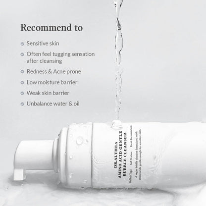Recommended for sensitive skin, tugging after cleansing, redness and acne-prone skin, low moisture and a weak barrier, shown with the bottle under a stream of water