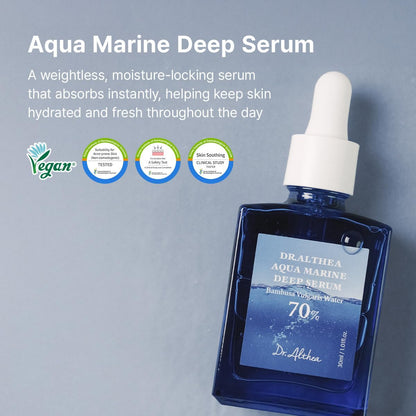 Aqua Marine Deep Serum bottle, a weightless vegan moisture-locking serum that absorbs instantly, with clinical test marks