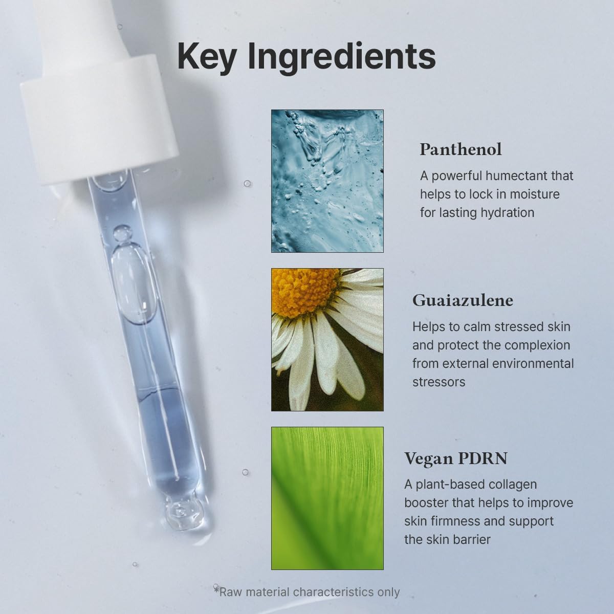 Key ingredients beside the dropper: panthenol, guaiazulene and vegan PDRN