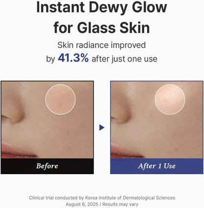 Before and after cheek close-ups showing skin radiance improved 41.3% after one use