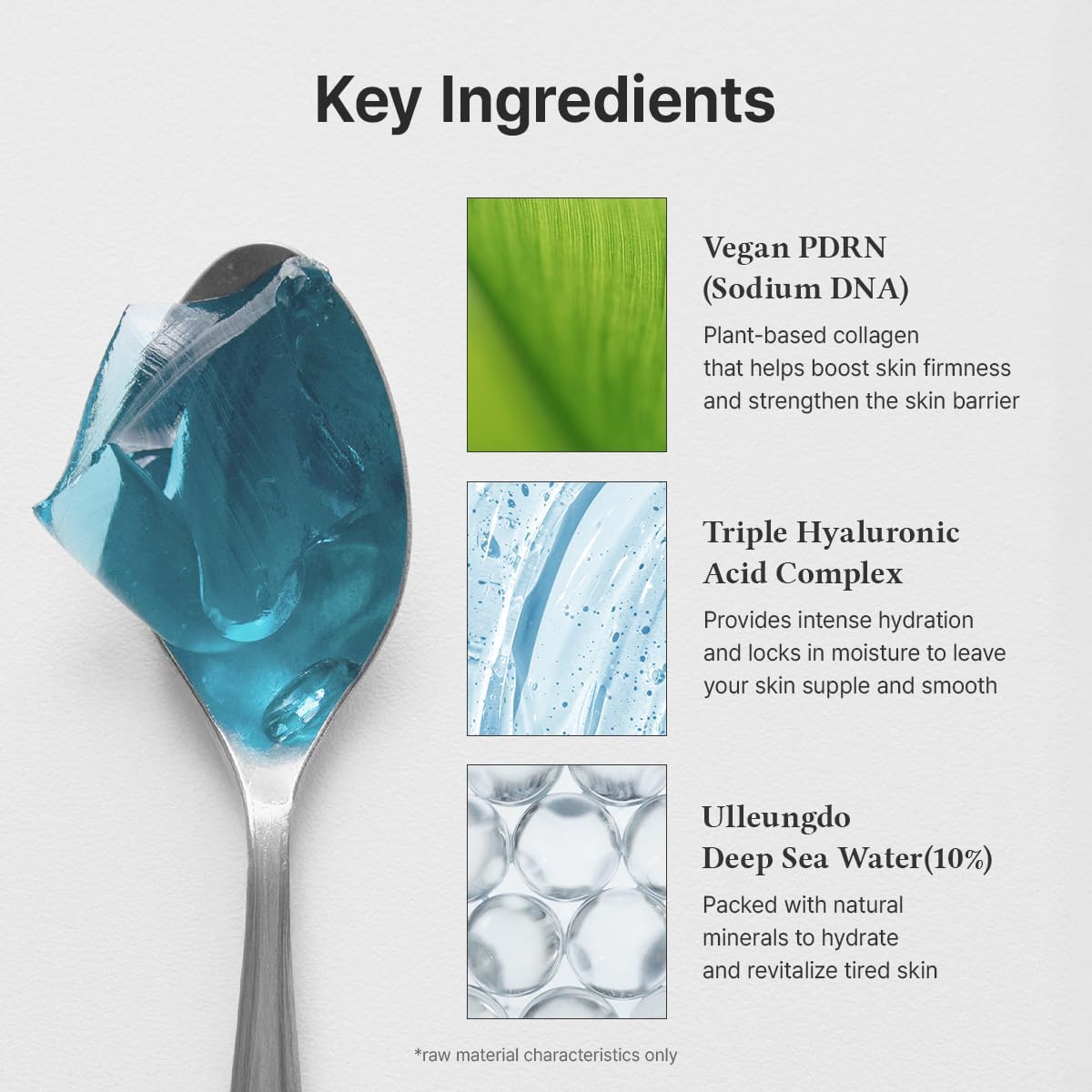 Key ingredients beside a spoon of blue jelly: vegan PDRN, a triple hyaluronic acid complex and 10% Ulleungdo deep sea water