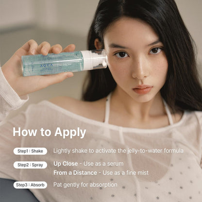 How to apply, shown with a model holding the bottle: shake to activate, spray up close as a serum or from a distance as a mist, then pat to absorb