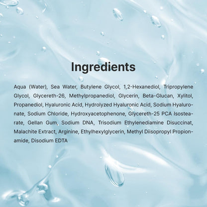 Full ingredients list for the Aqua Marine Jelly Mist on a water-texture background