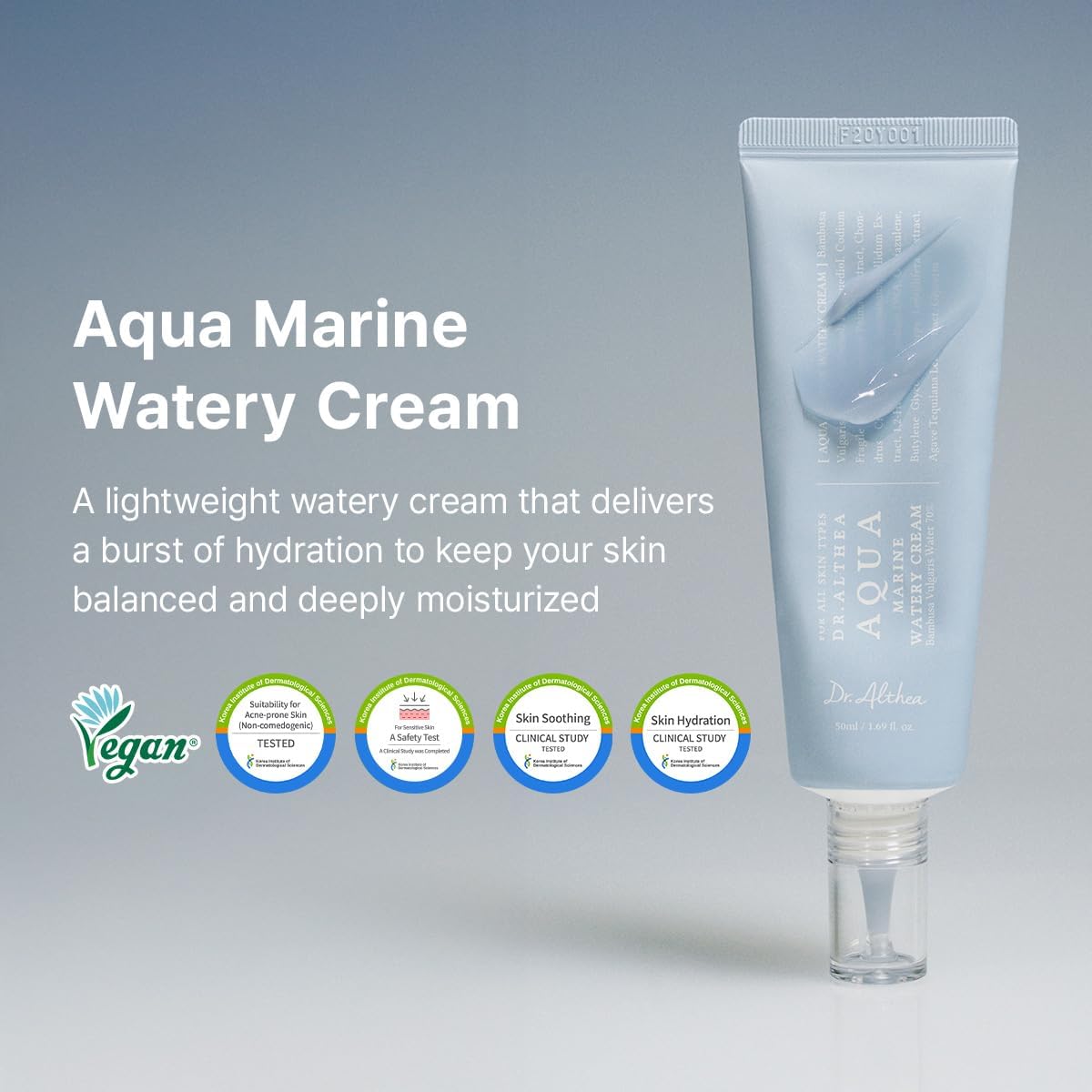 Aqua Marine Watery Cream tube, a lightweight vegan watery cream delivering a burst of hydration, with clinical test marks