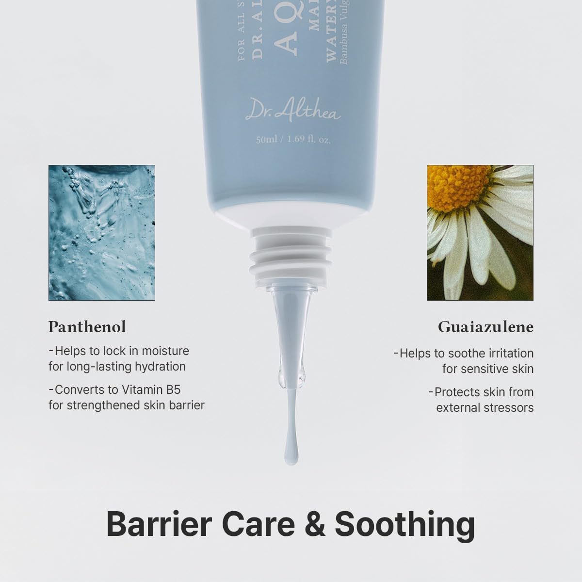 Barrier care and soothing: the tube dispensing cream beside its ingredients panthenol and guaiazulene