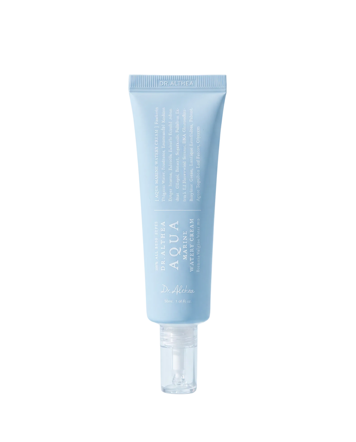 Dr.Althea Aqua Marine Watery Cream 50ml - pale blue tube standing on a light blue background