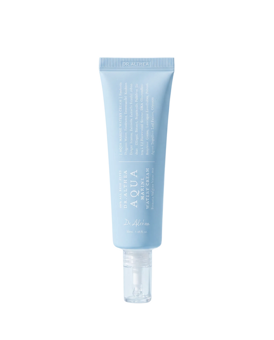Dr.Althea Aqua Marine Watery Cream 50ml - pale blue tube standing on a light blue background